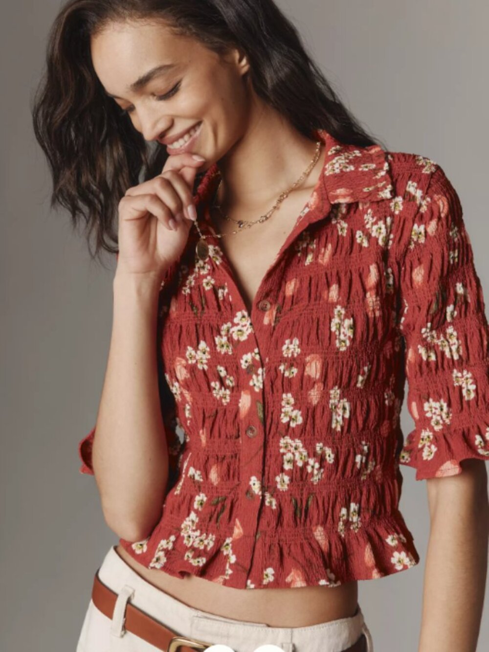 Maeve Smocked Button-Front Top- Floral- Small- NWT